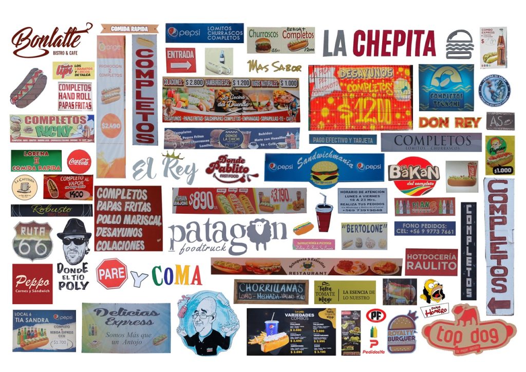 Oyarzún, Victoria ; Rojas Javiera. Collage compilación de carteles locales de completos en la ciudad de Talca. (2022). Elaboración de las autoras.